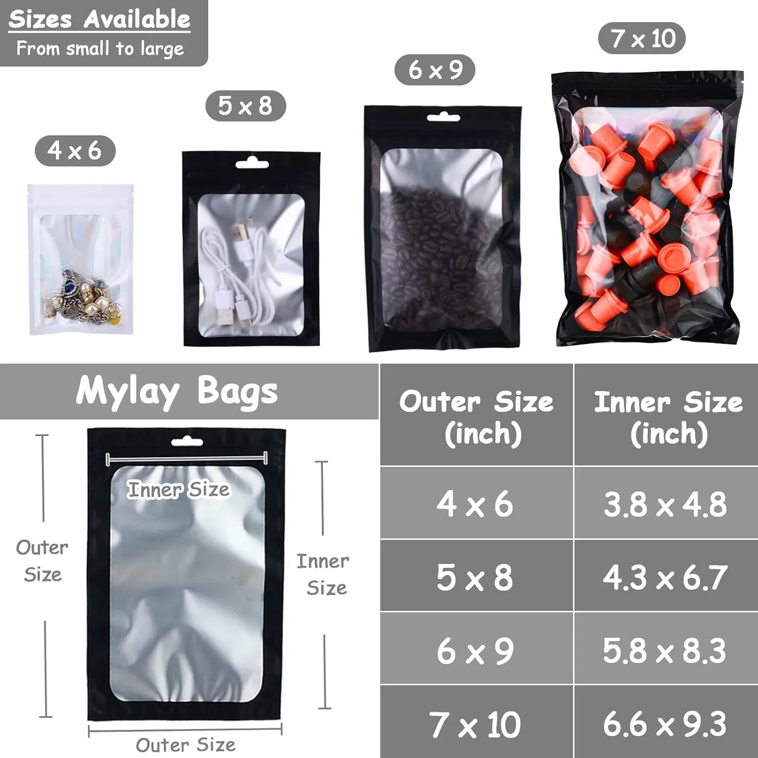 200-pack 5 x 8 in Mylar Bags with Clear Window Resealable Foil Pouches for Food Storage Smell Proof Edible Packaging Zip Bag for Cookies, Jewelry and Small Business, Matte black