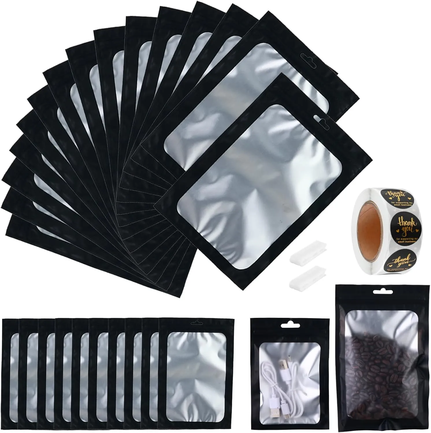 200-pack 5 x 8 in Mylar Bags with Clear Window Resealable Foil Pouches for Food Storage Smell Proof Edible Packaging Zip Bag for Cookies, Jewelry and Small Business, Matte black