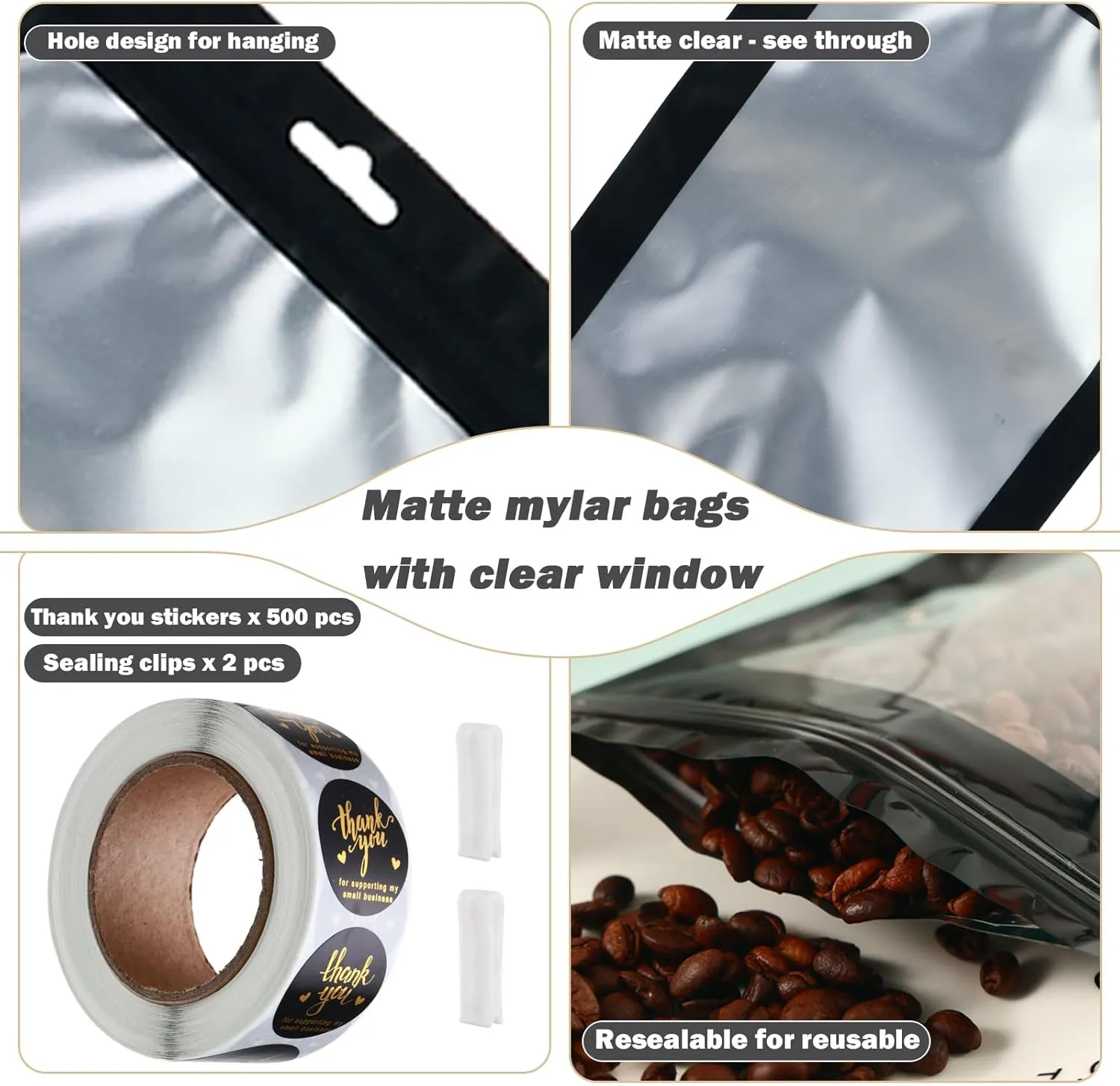 200-pack 5 x 8 in Mylar Bags with Clear Window Resealable Foil Pouches for Food Storage Smell Proof Edible Packaging Zip Bag for Cookies, Jewelry and Small Business, Matte black