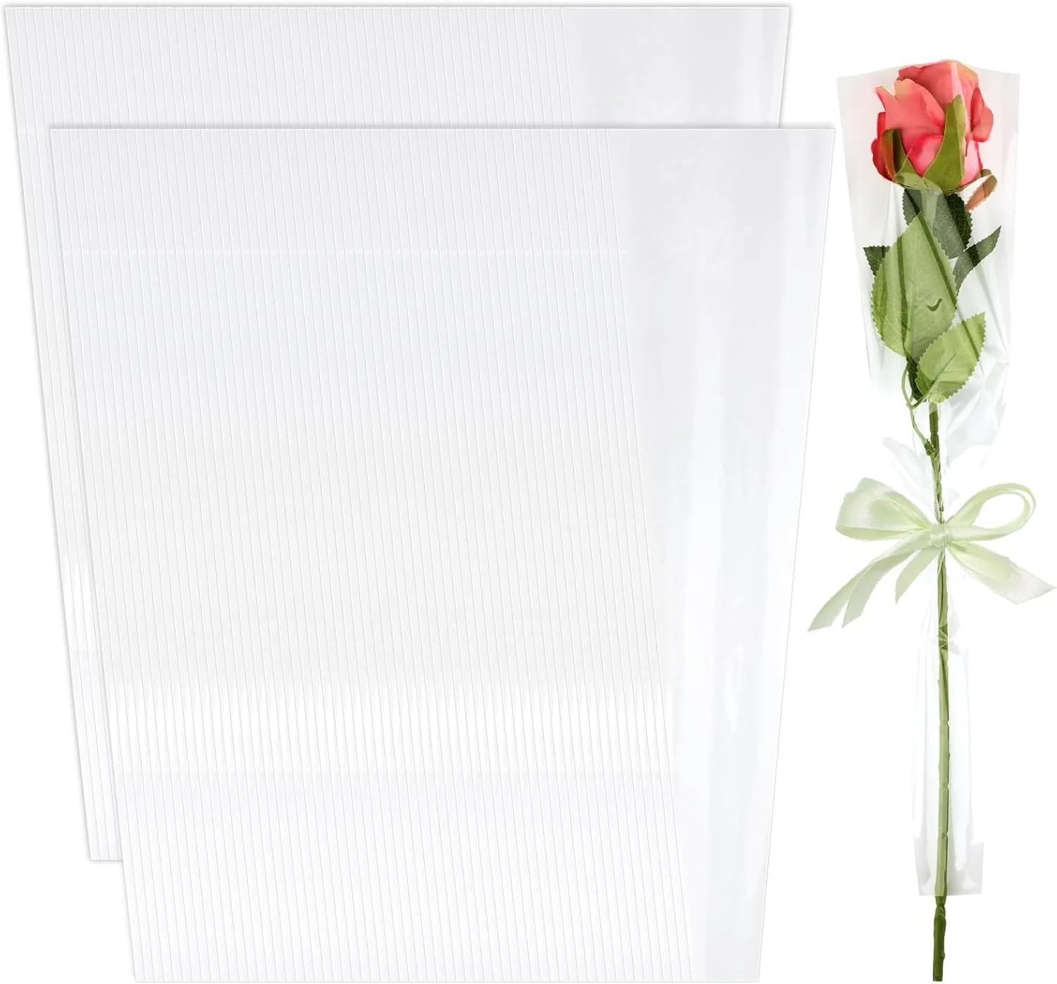 200Pcs Single Rose Sleeve Bouquet Bags, Plastic Translucent Single Flower Wrapping Floral Packaging Bags for Birthday Valentines Day, Wedding, Graduation, Mother's Day Gifts