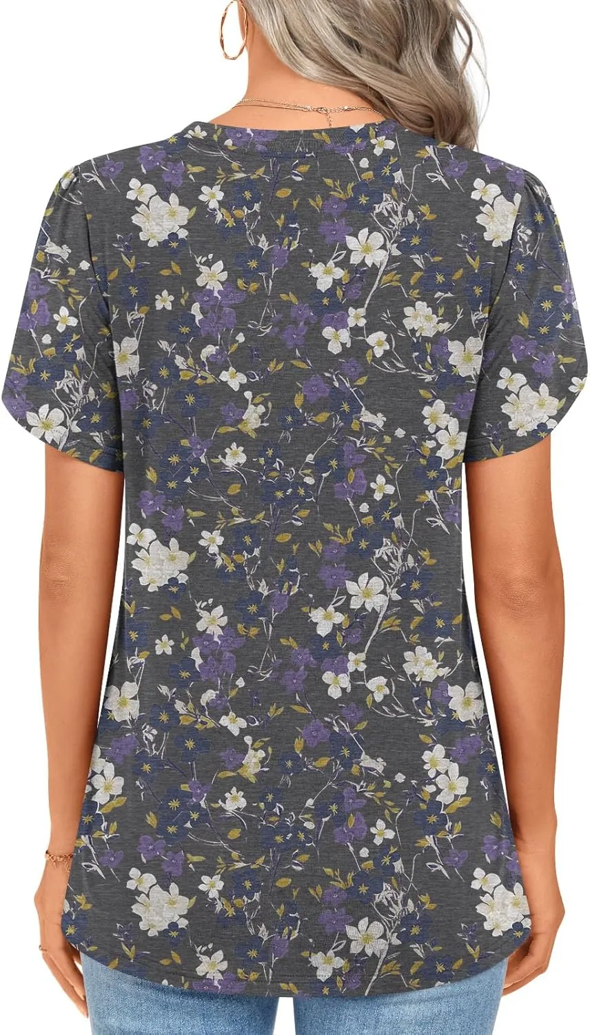 2025 Womens Tops Summer Casual Tunic Short Sleeve Dressy Blouses Trendy Flowy Tshirts M-3XL