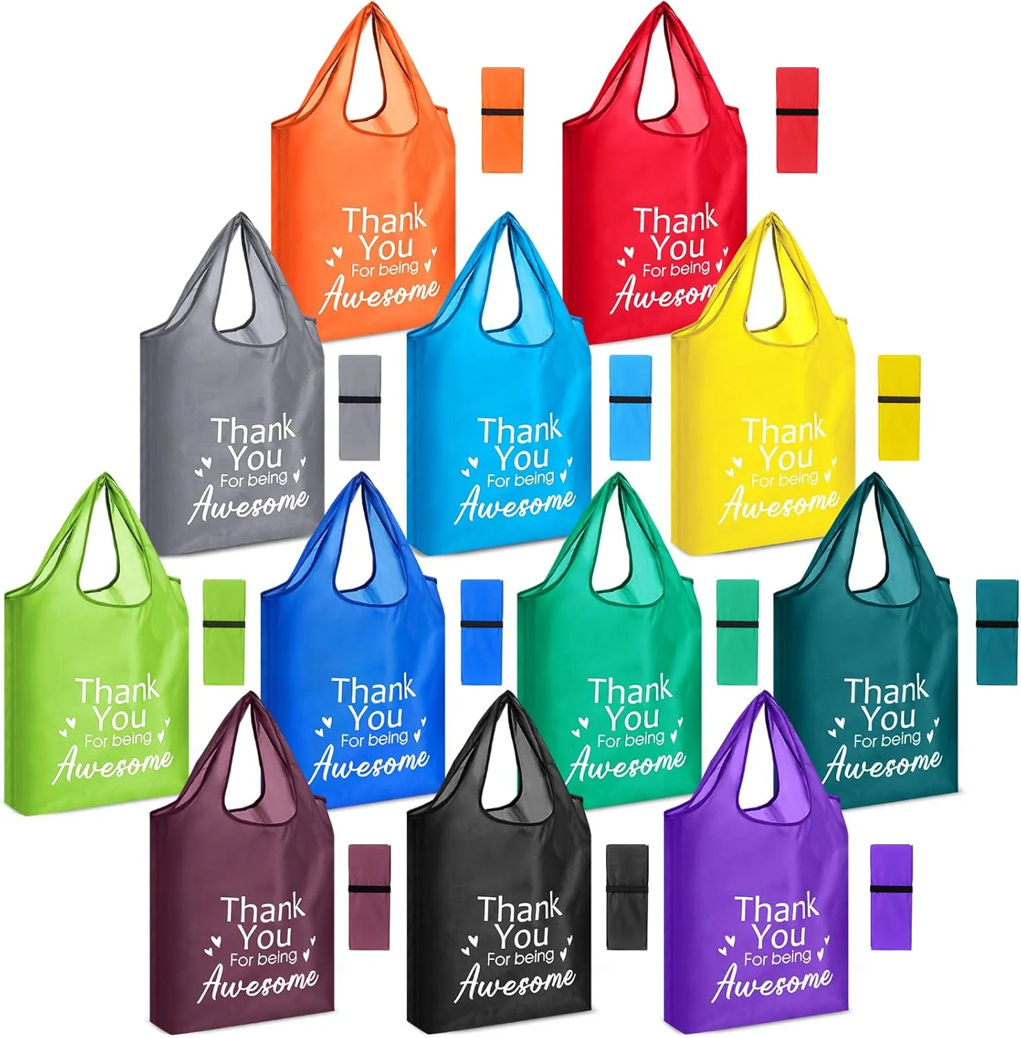 24 Pack Thank You for Being Awesome Reusable Grocery Bags Bulk Large Foldable Reusable Shopping Bags with Handles Machine Washable Folding Lightweight Polyester Reusable Tote Bag, 12 Colors