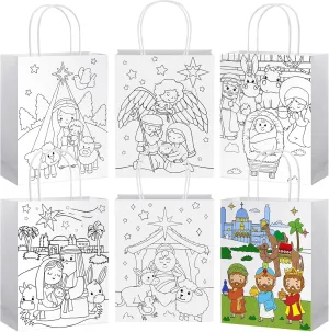 24 Pcs Christmas Nativity Paper Gift Bags Color Your Own Religious Bags Reusable Nativity Scene Coloring Goodies Christian Baby Jesus Holy Family Tote for Xmas Party Supplies