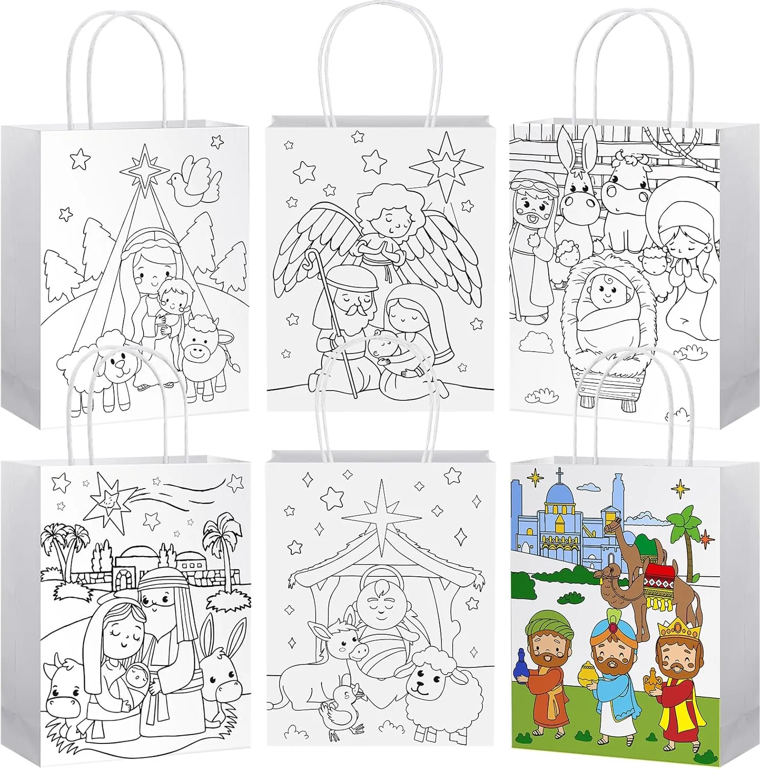 24 Pcs Christmas Nativity Paper Gift Bags Color Your Own Religious Bags Reusable Nativity Scene Coloring Goodies Christian Baby Jesus Holy Family Tote for Xmas Party Supplies