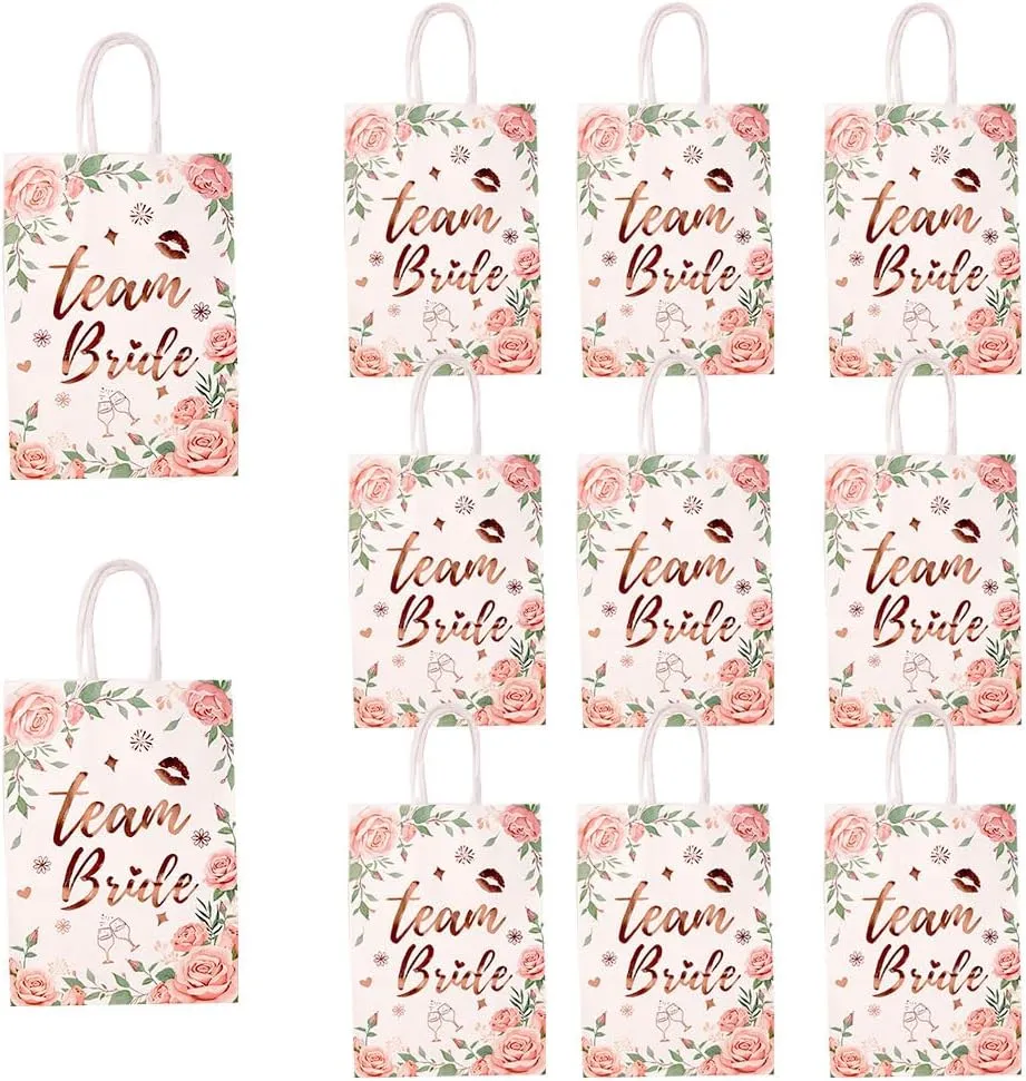 24 pcs Team Bride Gift Bags with Handles for Bachelorette Party Decorations Small Rose Gold Floral Bridesmaids Gifts Bags for Bridal Shower Engagement Wedding Favors Bride Tribe Hen Party Gift