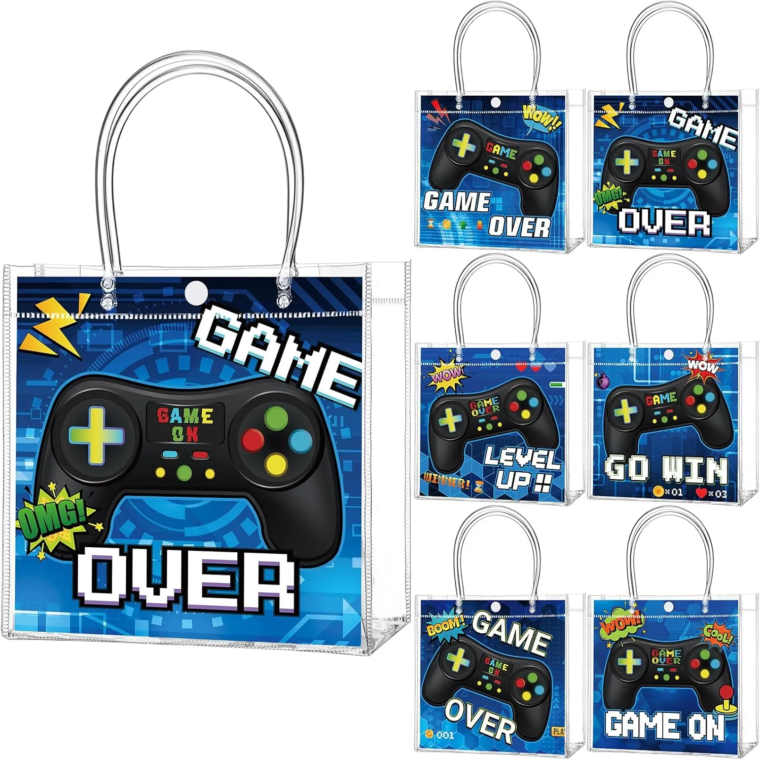 24 Pcs Video Game Party Favor Bags PVC Clear Goodie Treat Tote Gift Bags with Handles Gaming Theme Birthday Party Supplies