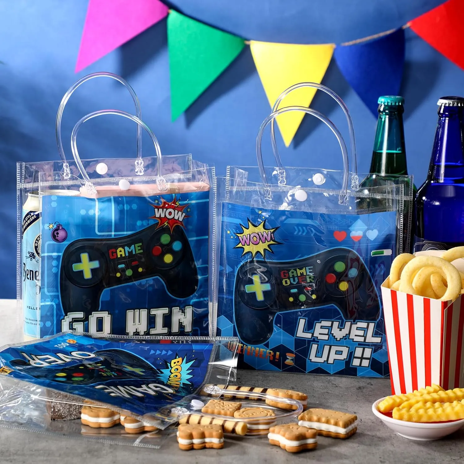 24 Pcs Video Game Party Favor Bags PVC Clear Goodie Treat Tote Gift Bags with Handles Gaming Theme Birthday Party Supplies