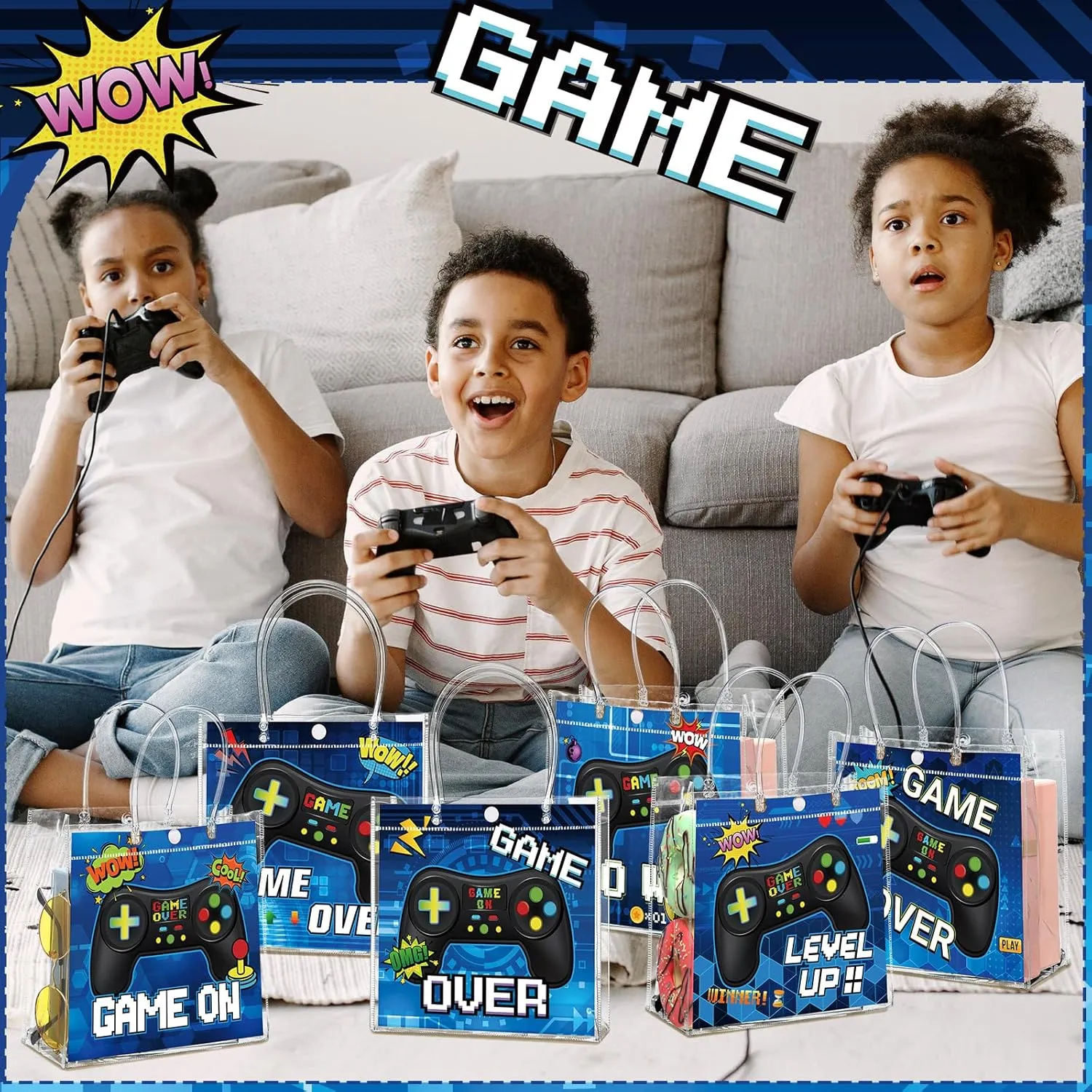 24 Pcs Video Game Party Favor Bags PVC Clear Goodie Treat Tote Gift Bags with Handles Gaming Theme Birthday Party Supplies