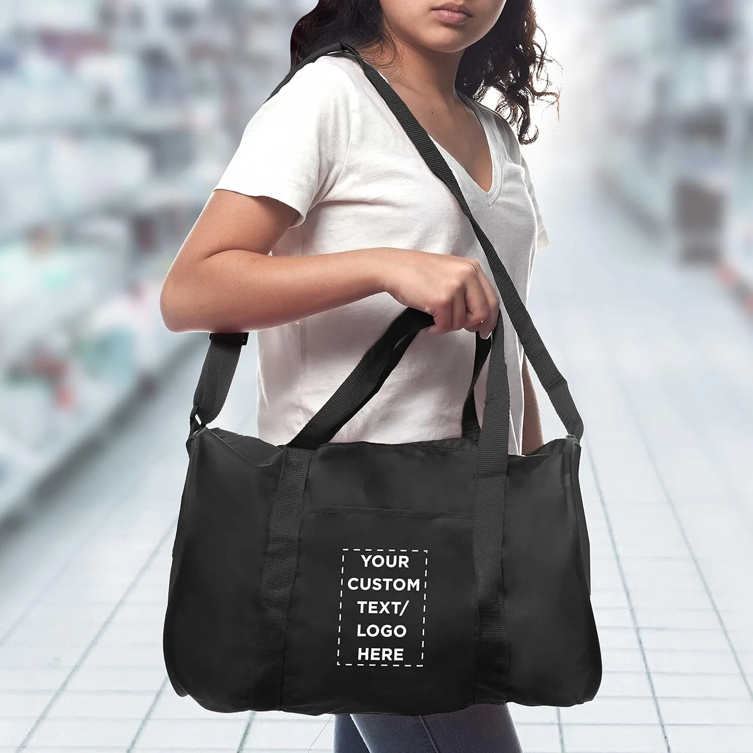 24 Sporty Duffle Bags Set - Customizable Text, Logo - Polyester, Adjustable Strap, Front Pocket, Roll Styling - Black