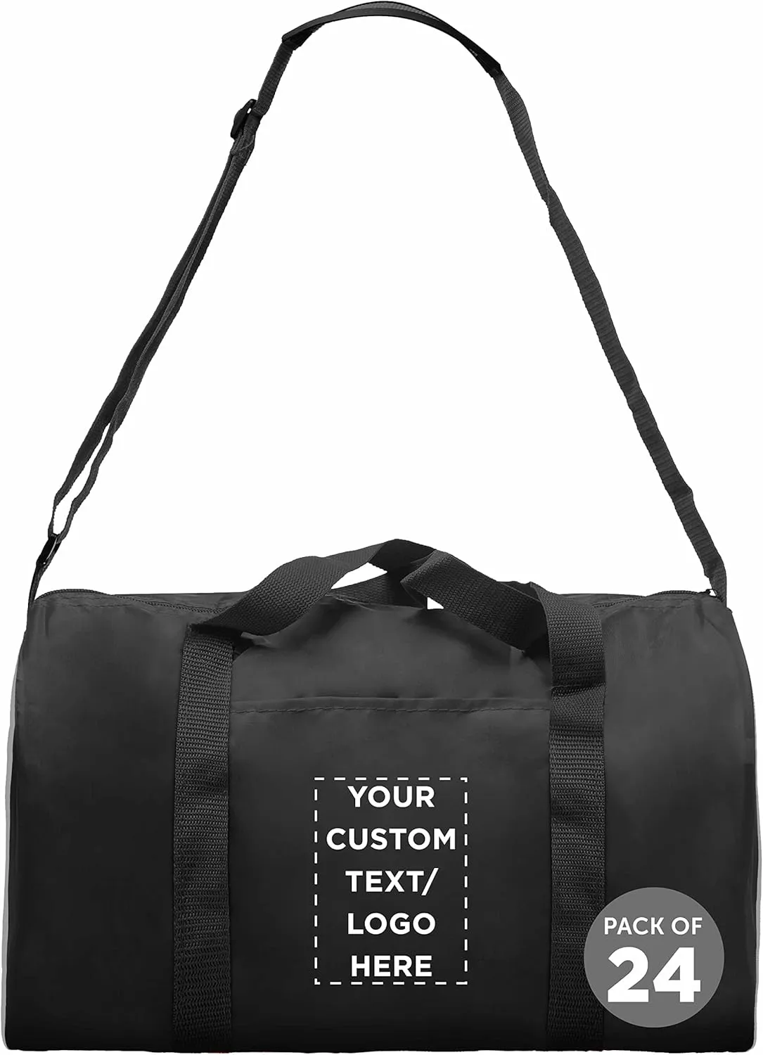 24 Sporty Duffle Bags Set - Customizable Text, Logo - Polyester, Adjustable Strap, Front Pocket, Roll Styling - Black