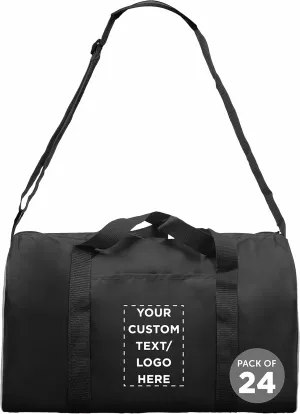 24 Sporty Duffle Bags Set - Customizable Text, Logo - Polyester, Adjustable Strap, Front Pocket, Roll Styling - Black
