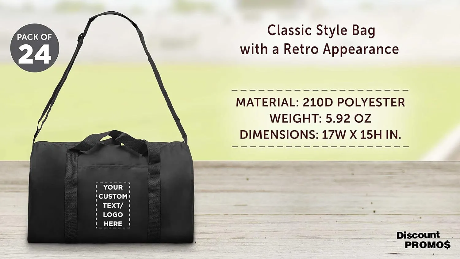 24 Sporty Duffle Bags Set - Customizable Text, Logo - Polyester, Adjustable Strap, Front Pocket, Roll Styling - Black