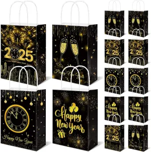 24pc Happy New Year Paper Gift Bags with Handles - Black & Gold New Year Clock Goodie Bags for 2025 Eve Party Favors