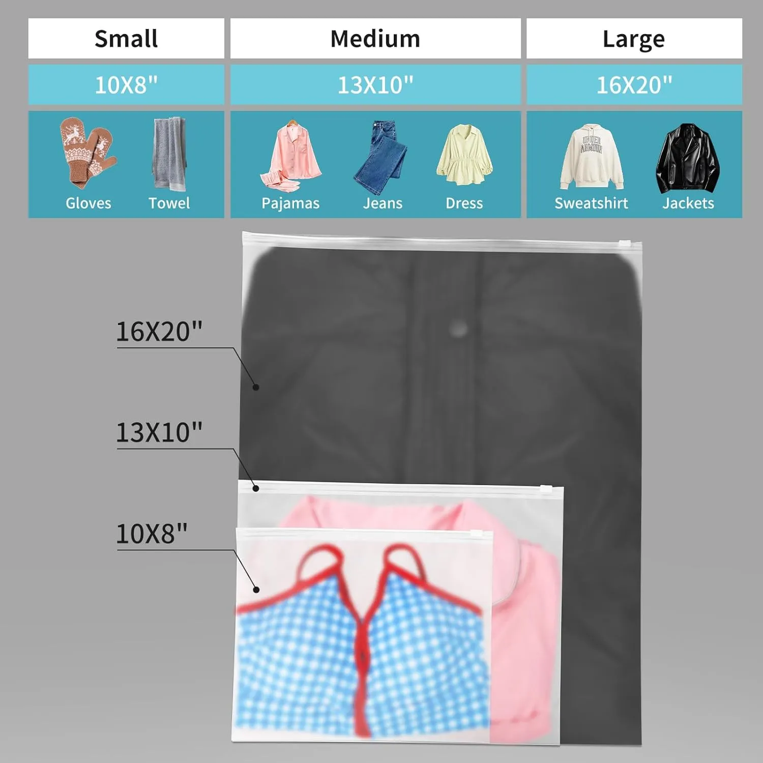 25 Pack 16x20 Inch Frosted Garment Bags - Heavy-Duty Reusable Clothing Storage for Winter Coats | Poly Plastic Organizer for Down Jackets, Sweatshirts, Business Attire & Travel- No Vent Holes