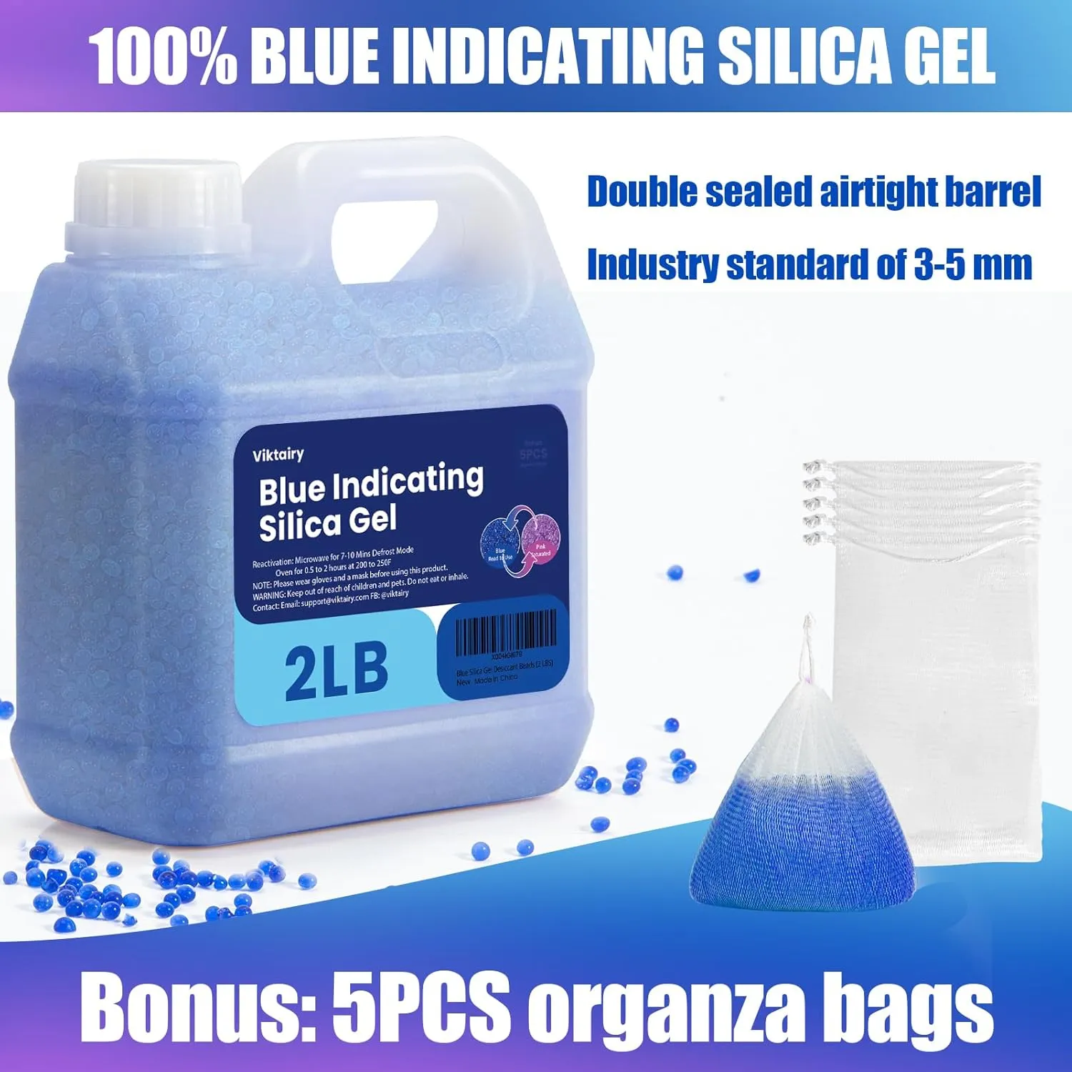 2LBS Desiccant Beads, Premium Blue Indicating Reusable Silica Gel Beads Bulk, Industry Standard 3-5 mm Desiccant Dehumidifier for 3D Filament, Electronic Devices, Camera, Documents, Safe (5PCS Bags)