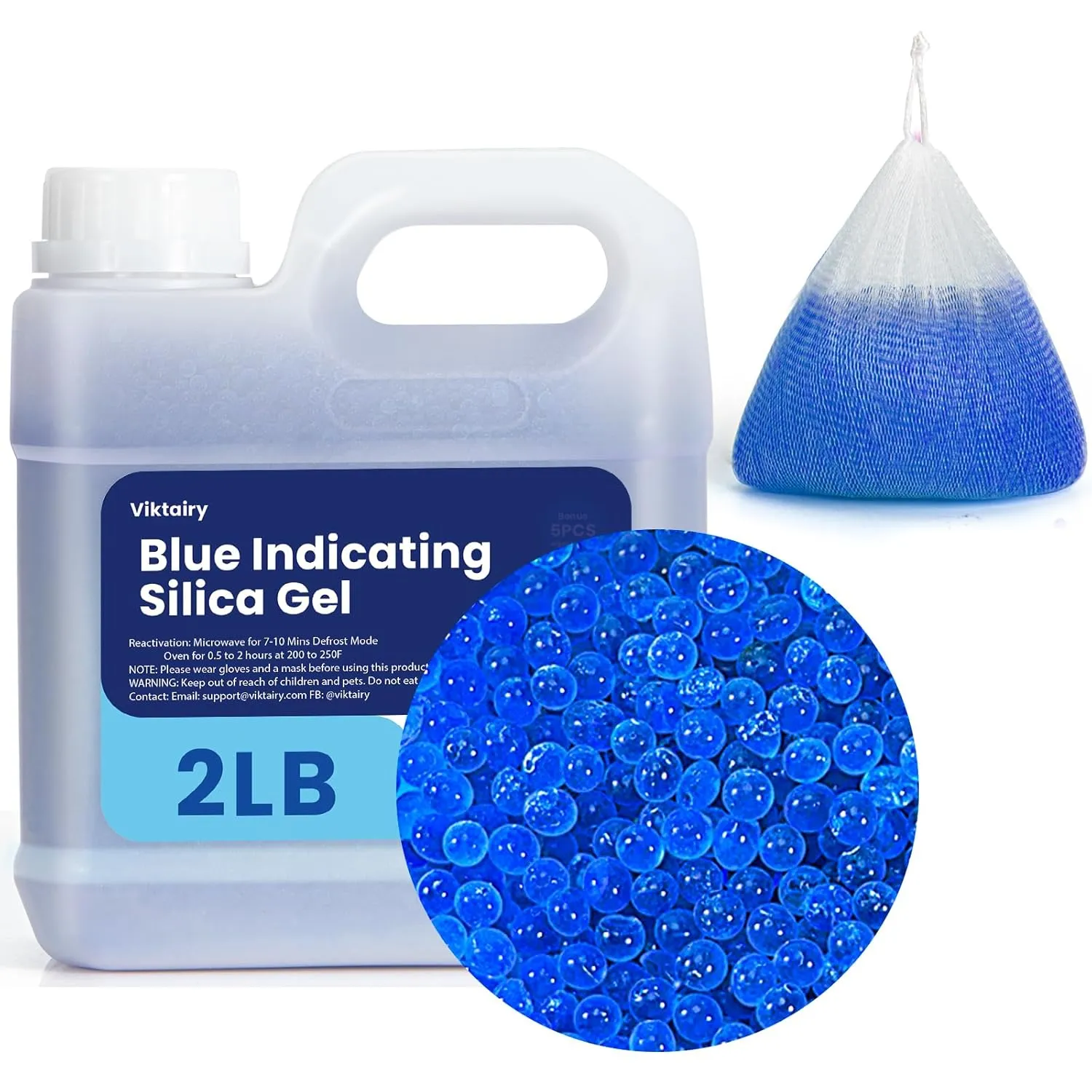 2LBS Desiccant Beads, Premium Blue Indicating Reusable Silica Gel Beads Bulk, Industry Standard 3-5 mm Desiccant Dehumidifier for 3D Filament, Electronic Devices, Camera, Documents, Safe (5PCS Bags)