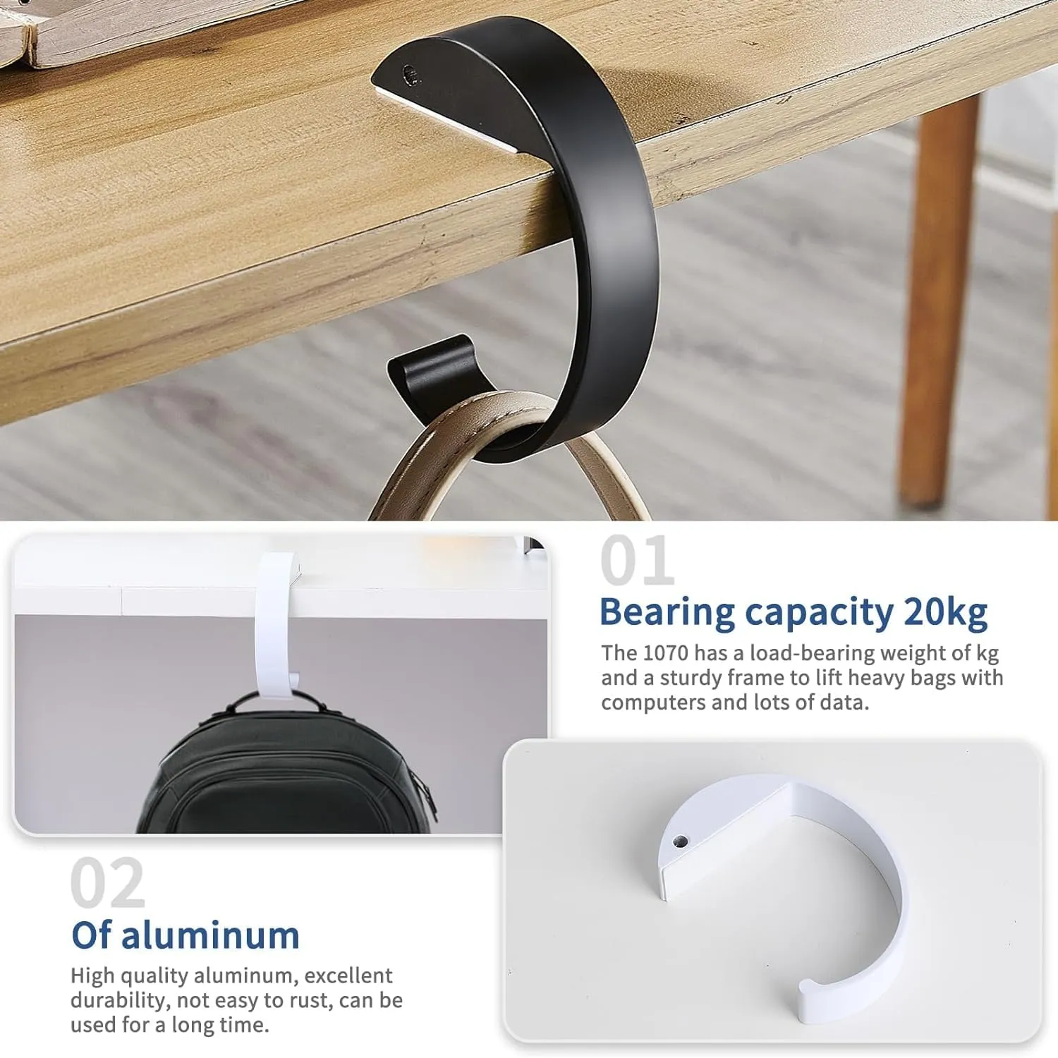 2PCS Purse Hook for Table C Shape Handbag Hanger Holder, Desk Hook for Hanging Bag, Heavy Duty Bag Hanger Ideal Purse Holder for Dining Tables, Desks, and More (Black White)