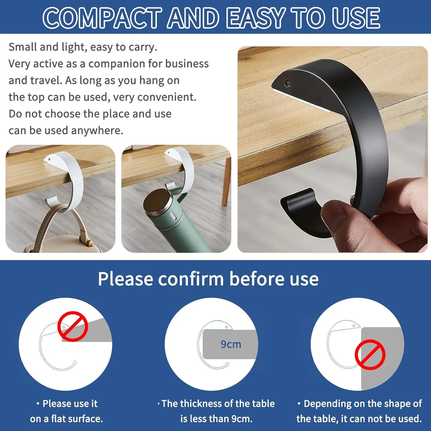 2PCS Purse Hook for Table C Shape Handbag Hanger Holder, Desk Hook for Hanging Bag, Heavy Duty Bag Hanger Ideal Purse Holder for Dining Tables, Desks, and More (Black White)