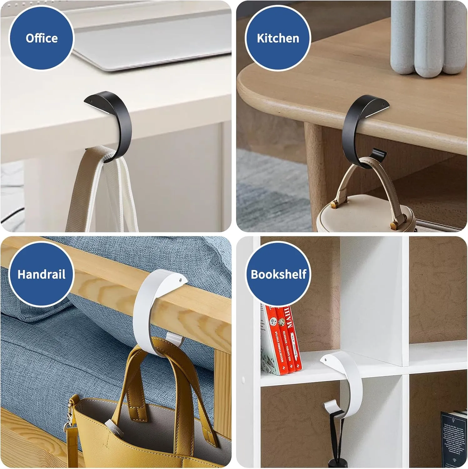 2PCS Purse Hook for Table C Shape Handbag Hanger Holder, Desk Hook for Hanging Bag, Heavy Duty Bag Hanger Ideal Purse Holder for Dining Tables, Desks, and More (Black White)