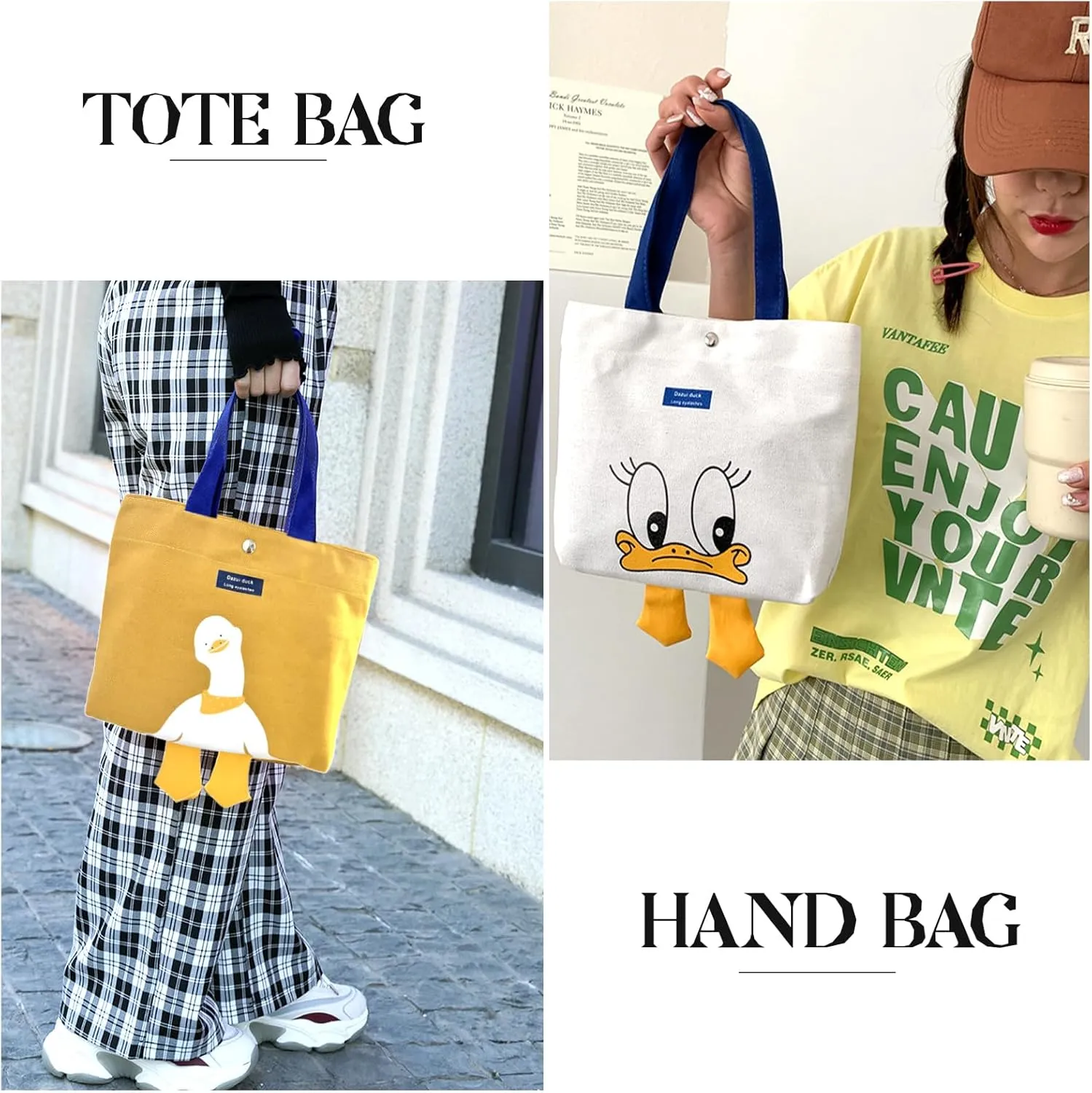 2PCS Small Canvas Tote Bag for Women Cute Mini Duck Book Tote Bag Preppy Reusable Bags for Grocery, Essentials, Water Bottle, Keys, Book, Bible
