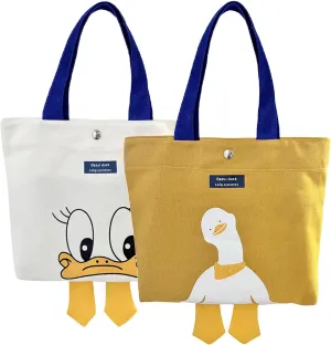 2PCS Small Canvas Tote Bag for Women Cute Mini Duck Book Tote Bag Preppy Reusable Bags for Grocery, Essentials, Water Bottle, Keys, Book, Bible