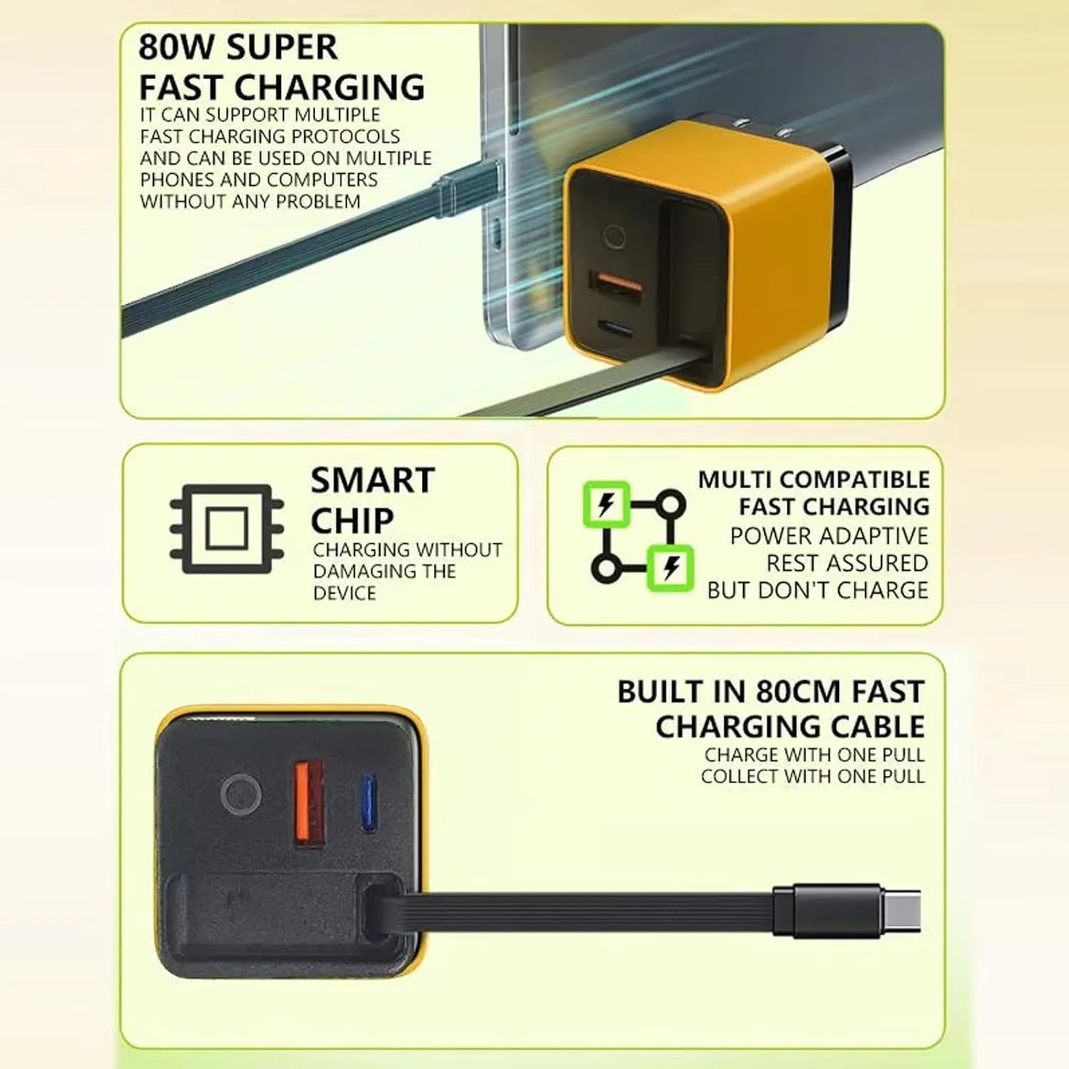3 in 1 Gan Charger, Hailoyearn Scalable 80wtt Max Fast Charger Module with Type-C Cable and 2 USB Port, Cell Phone Tablet Chargers Power Adapters, Retractable 80w Max Phone Charger Wall (Yellow)