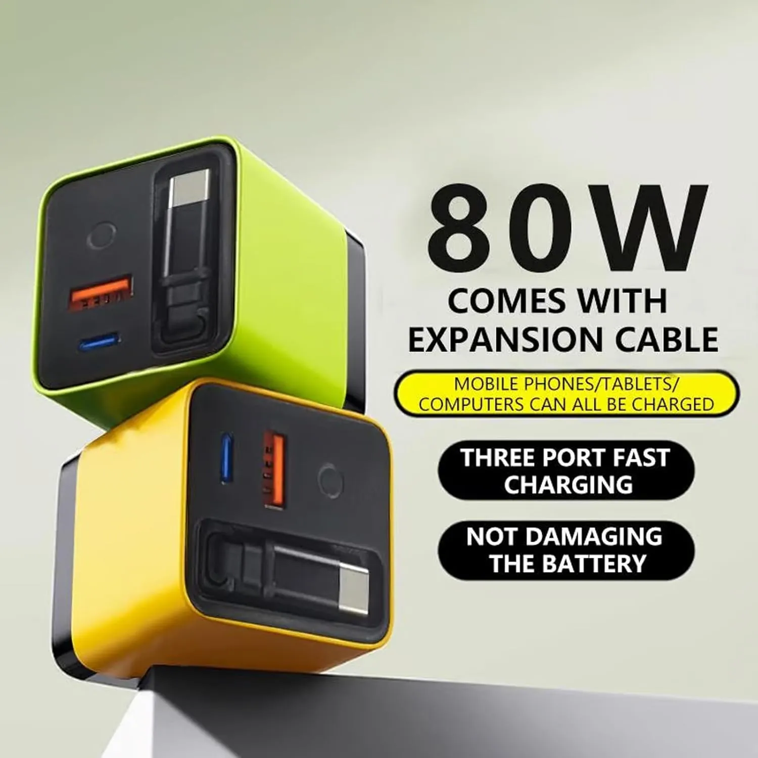 3 in 1 Gan Charger, Hailoyearn Scalable 80wtt Max Fast Charger Module with Type-C Cable and 2 USB Port, Cell Phone Tablet Chargers Power Adapters, Retractable 80w Max Phone Charger Wall (Yellow)