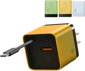 3 in 1 Gan Charger, Hailoyearn Scalable 80wtt Max Fast Charger Module with Type-C Cable and 2 USB Port, Cell Phone Tablet Chargers Power Adapters, Retractable 80w Max Phone Charger Wall (Yellow)