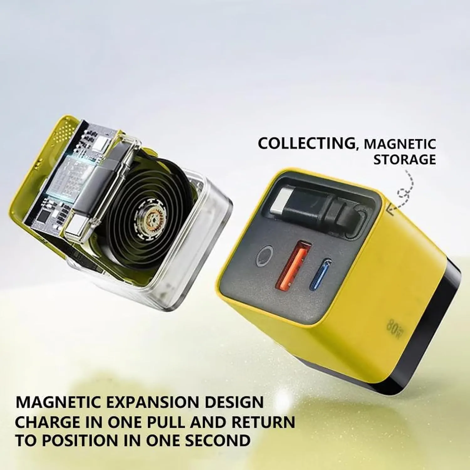 3 in 1 Gan Charger, Hailoyearn Scalable 80wtt Max Fast Charger Module with Type-C Cable and 2 USB Port, Cell Phone Tablet Chargers Power Adapters, Retractable 80w Max Phone Charger Wall (Yellow)