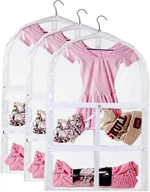 3 Packs Clear Kids Dance Costume Garment Bags,Garment Bag 35 Inch for Dance Competitions,Foldable Travel Storage Cover Bag with 3 Zipper Pockets