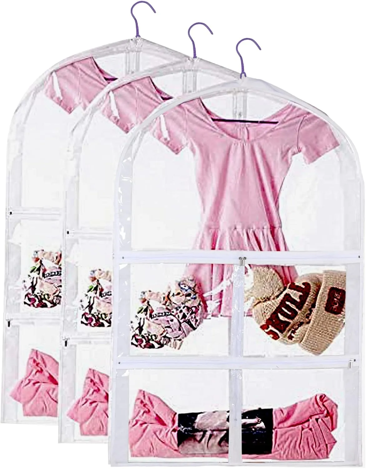 3 Packs Clear Kids Dance Costume Garment Bags,Garment Bag 35 Inch for Dance Competitions,Foldable Travel Storage Cover Bag with 3 Zipper Pockets