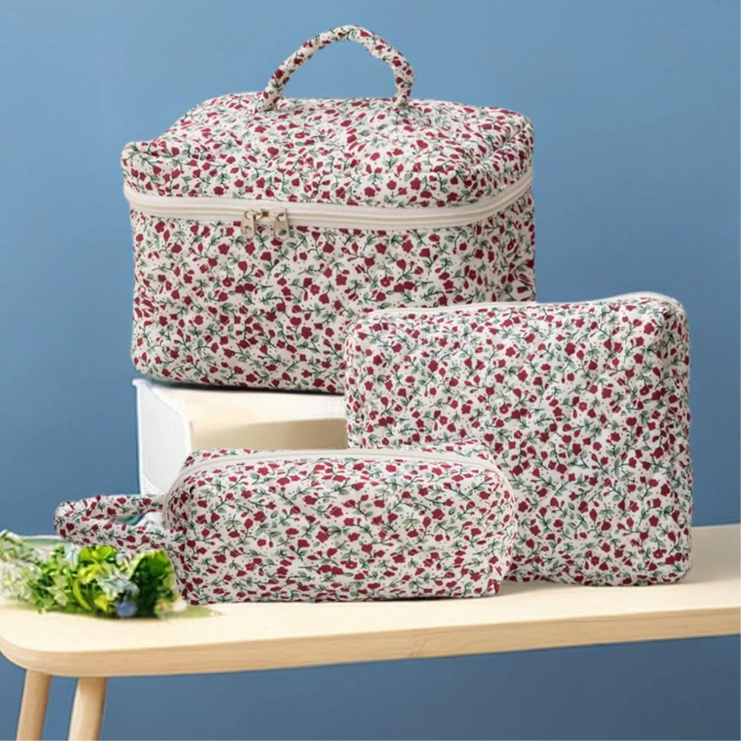 3 Pcs Cotton Quilted Makeup Bag Set, Floral Cute Travel Toiletry Cosmetic Bag Organizer for Women Girls (D)