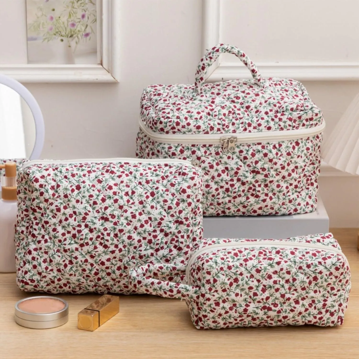 3 Pcs Cotton Quilted Makeup Bag Set, Floral Cute Travel Toiletry Cosmetic Bag Organizer for Women Girls (D)