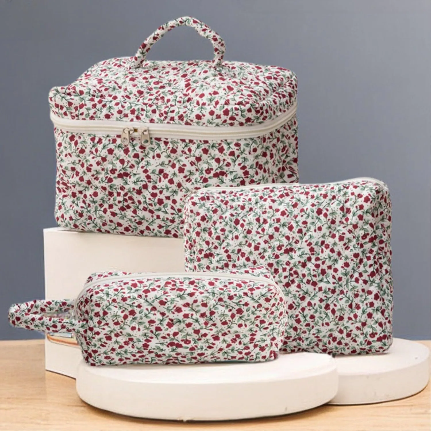3 Pcs Cotton Quilted Makeup Bag Set, Floral Cute Travel Toiletry Cosmetic Bag Organizer for Women Girls (D)
