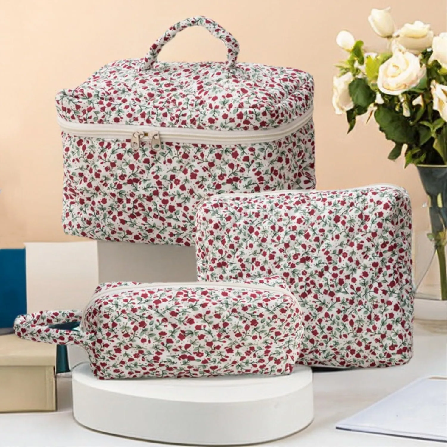 3 Pcs Cotton Quilted Makeup Bag Set, Floral Cute Travel Toiletry Cosmetic Bag Organizer for Women Girls (D)