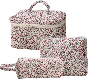 3 Pcs Cotton Quilted Makeup Bag Set, Floral Cute Travel Toiletry Cosmetic Bag Organizer for Women Girls (D)