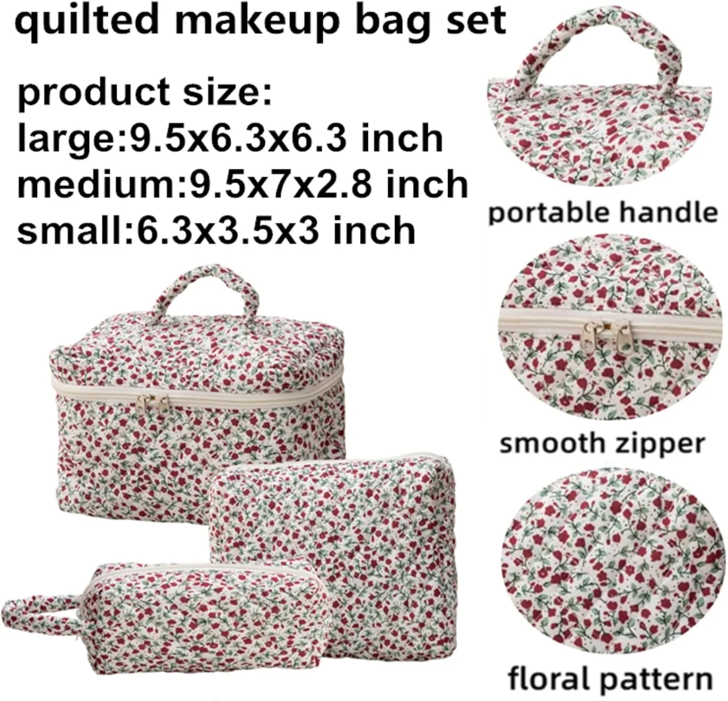 3 Pcs Cotton Quilted Makeup Bag Set, Floral Cute Travel Toiletry Cosmetic Bag Organizer for Women Girls (D)