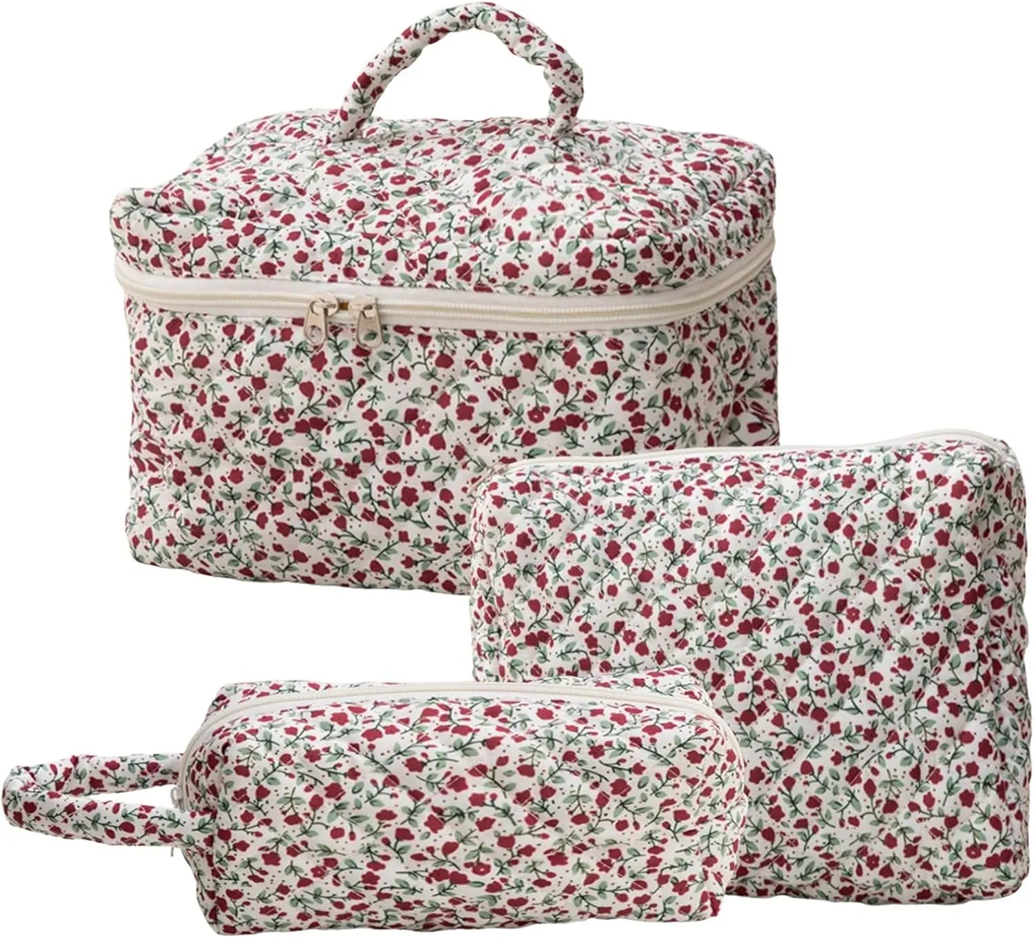 3 Pcs Cotton Quilted Makeup Bag Set, Floral Cute Travel Toiletry Cosmetic Bag Organizer for Women Girls (D)