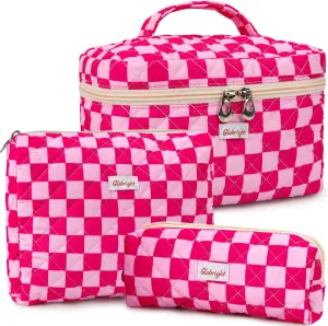 3 Pieces Makeup Bag Large Quilted Cosmetic Bag, Cotton Make Up Bag Travel Toiletry Bag for Mom Girlfriend Wife Women (Red)