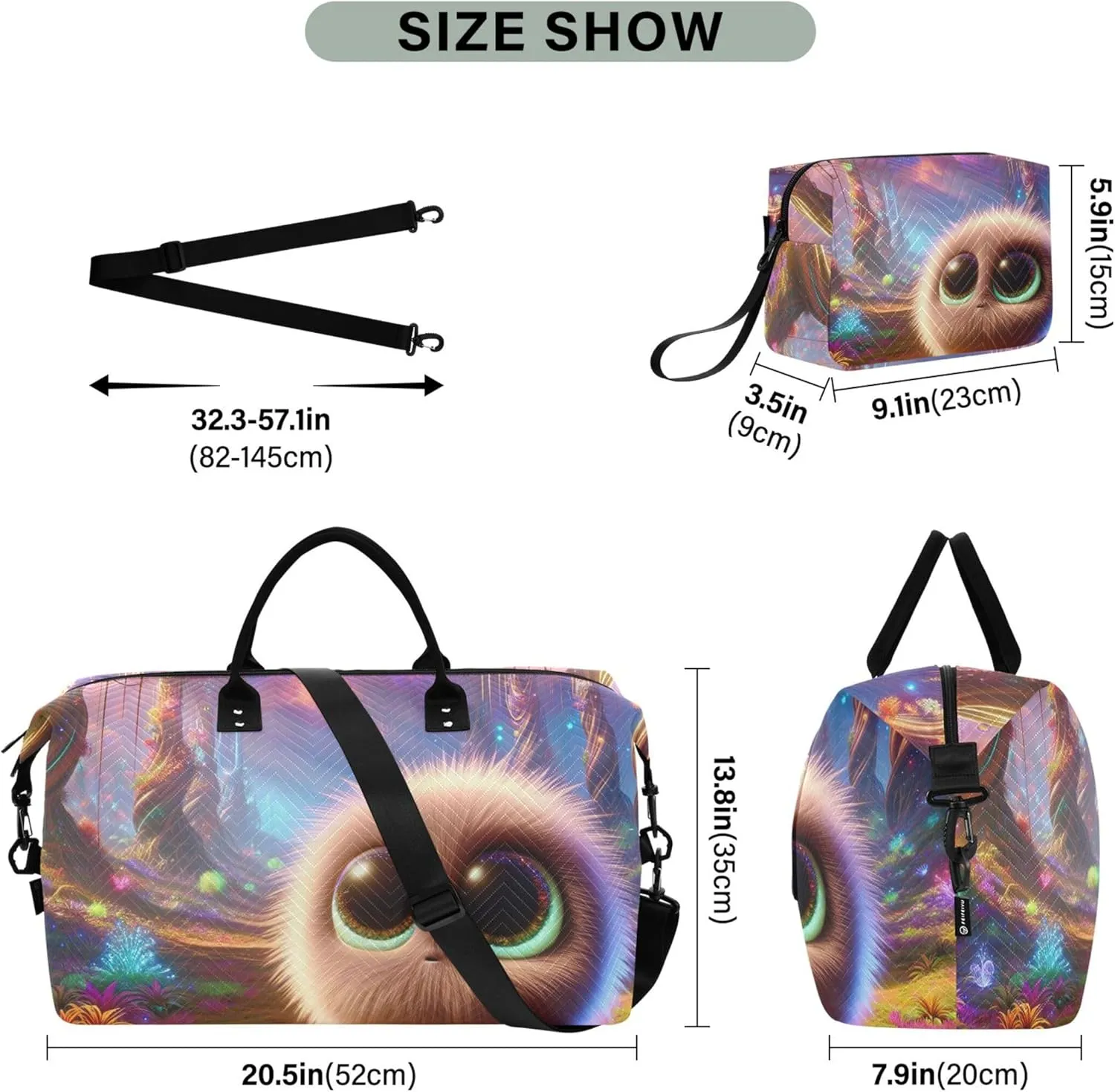 3D Animation Creature Duffel Bags for Traveling Cosmetic Bag Set of 2, Cute Print Luggage Set Traveling Bag