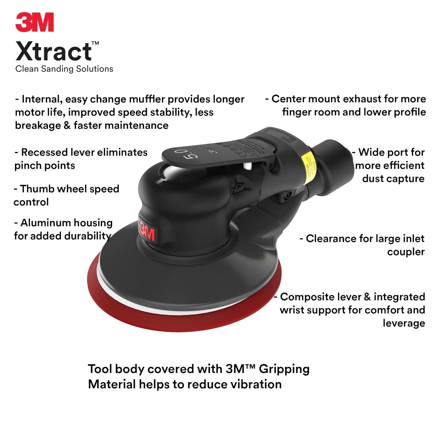 3M Random Orbital Sander, Xtract Pneumatic 88960, 6 in, Self-Generated Vacuum, 3/8 in Orbit, Ergonomic and Lightweight ROS, 209W Motor, Dust Extraction