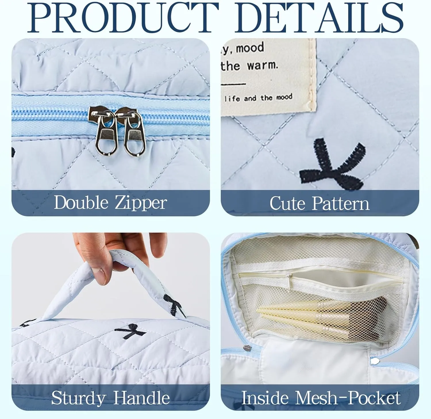 3Pcs Quilted Makeup Bag, Cute Floral Cotton Cosmetic Bag set, Coquette Bow Makeup Pouch Large Travel Toiletry Bag