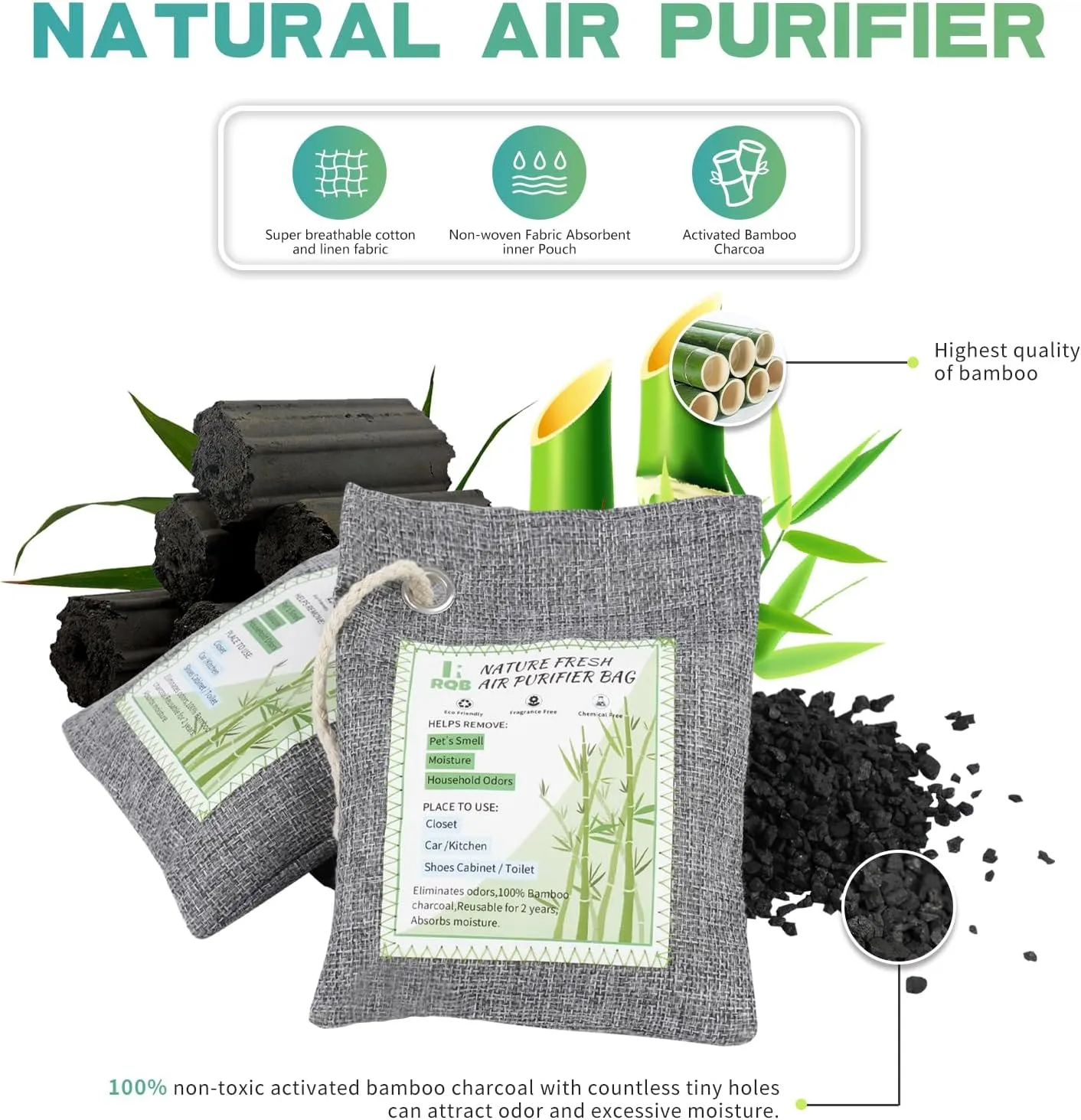 4 Pack Activated Charcoal Odor Absorber. Nature Fresh Bamboo Charcoal Air Purifying Bag Home Closet Air Freshener Deodorizer and Moisture Eliminator, Purifier for Closet, Shoe, Car Air freshener