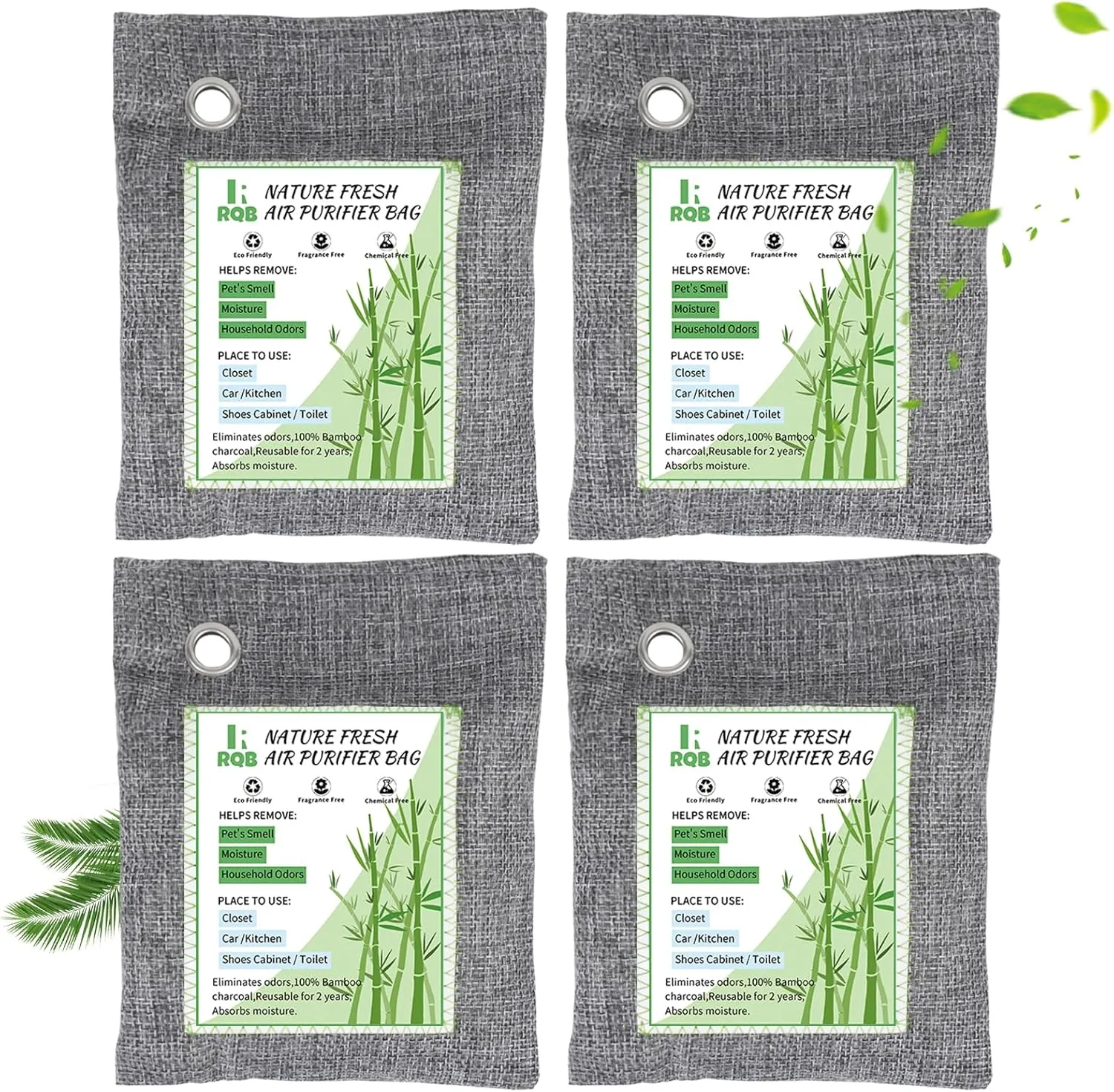 4 Pack Activated Charcoal Odor Absorber. Nature Fresh Bamboo Charcoal Air Purifying Bag Home Closet Air Freshener Deodorizer and Moisture Eliminator, Purifier for Closet, Shoe, Car Air freshener
