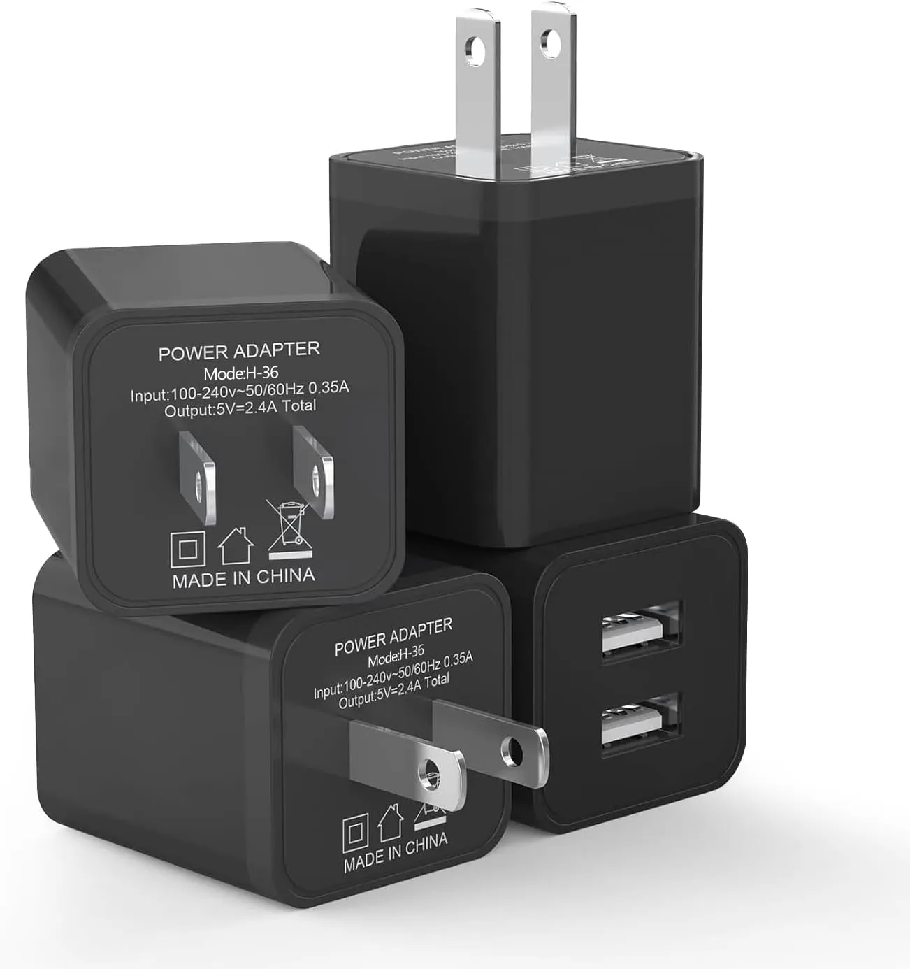 4-Pack Dual Port USB Wall Charger 12W 2.4A Fast Charger Block for iPhone 16/15/14/13/12/11/X/8, iPad, AirPods, Android, Samsung, Google Pixel, Moto, LG - Compact Cube Adapter (Black)