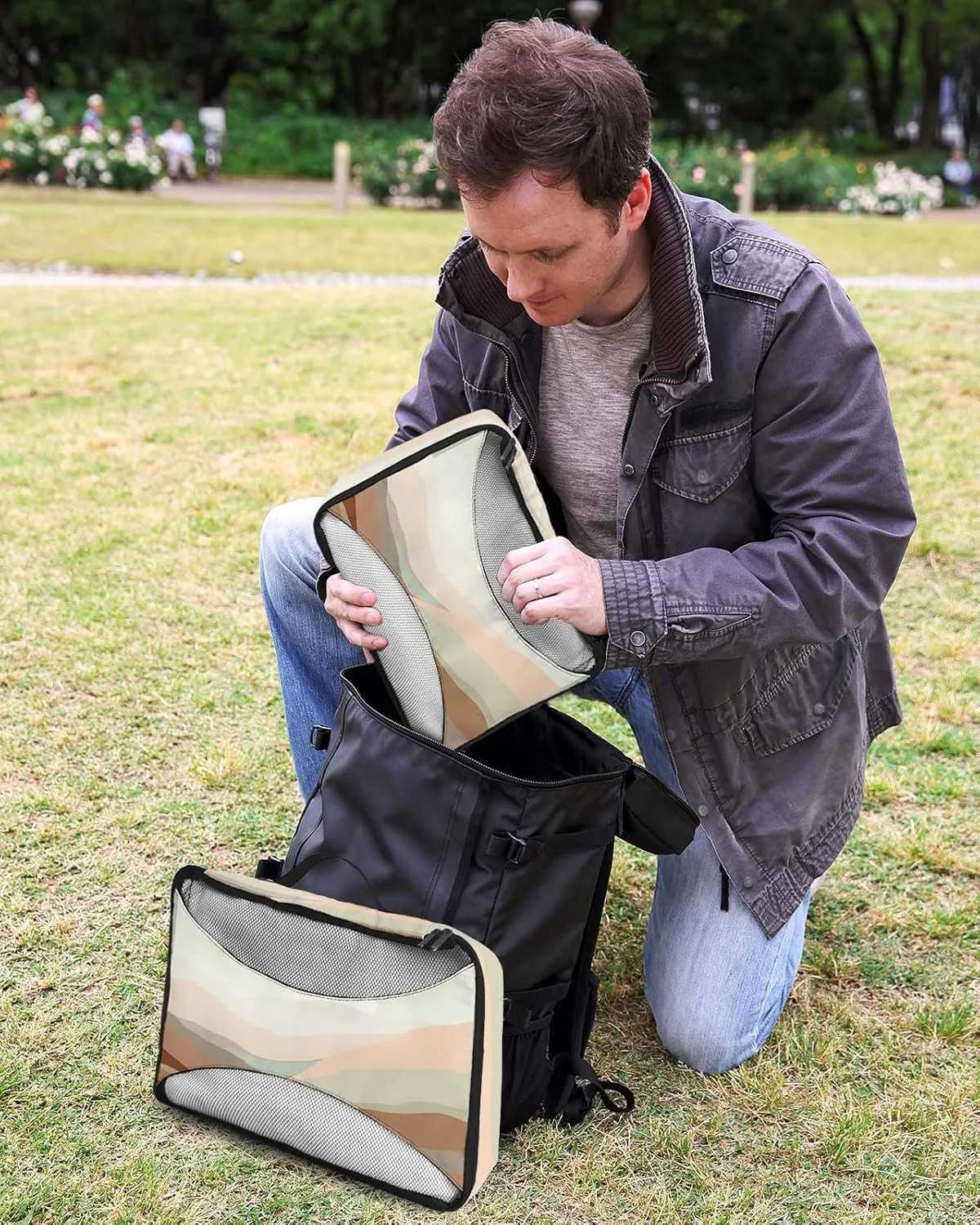 4 Set Packing Cubes - Abstract Romantic Sunset Distant Mountain Landscape Beige Packing Cubes for Carry on Suitcase Lightweight Travel Essential Bag for Clothes Shoes Cosmetics Toiletry