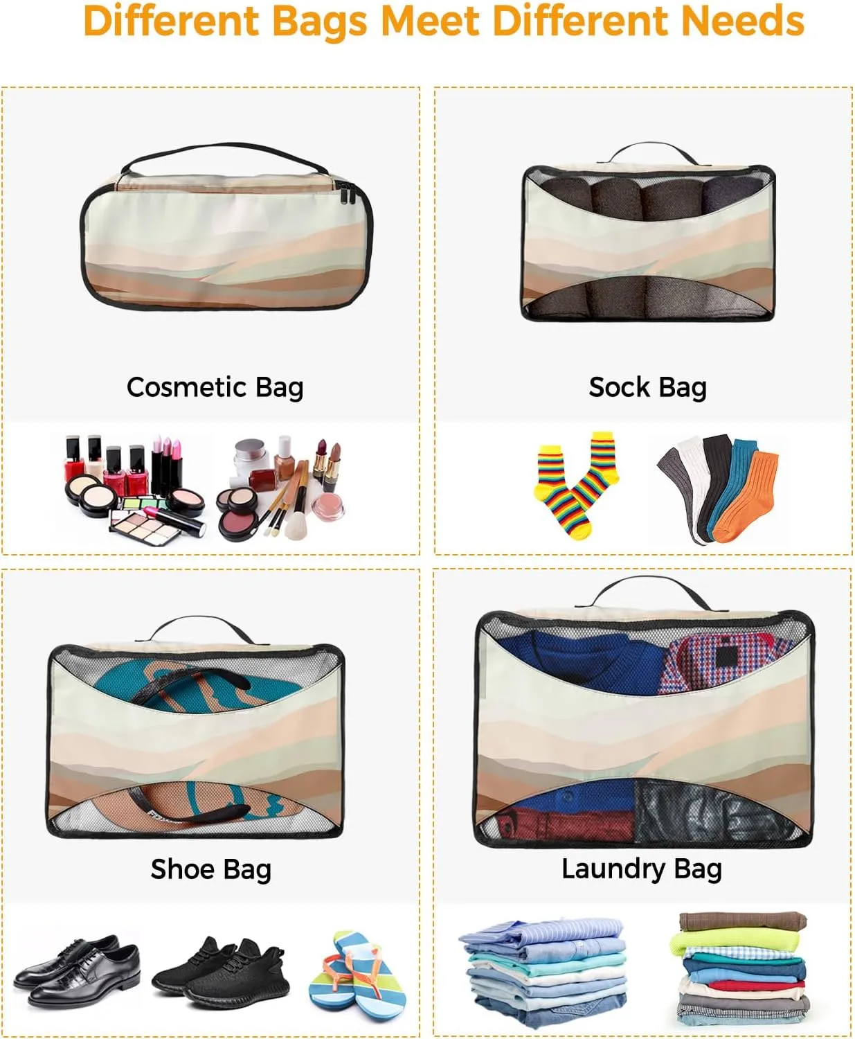4 Set Packing Cubes - Abstract Romantic Sunset Distant Mountain Landscape Beige Packing Cubes for Carry on Suitcase Lightweight Travel Essential Bag for Clothes Shoes Cosmetics Toiletry
