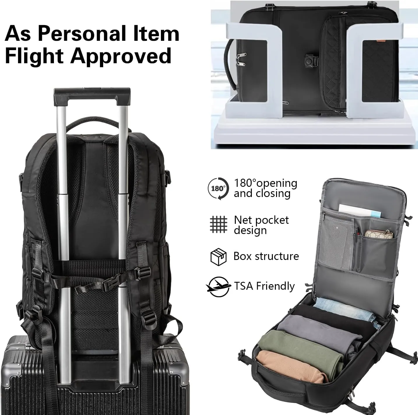 40L Waterproof Travel Backpack for Men & Women, Airline Approved Carry on Laptop Backpack, 17.3 Inch, with Detachable Crossbody Bag, Black