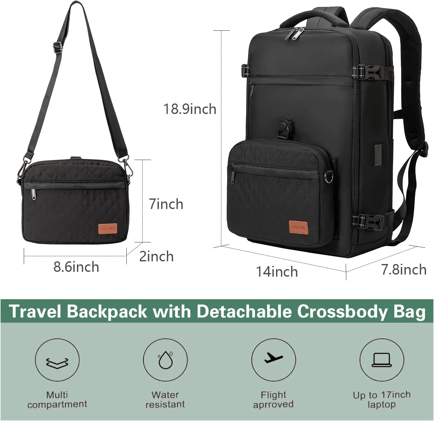 40L Waterproof Travel Backpack for Men & Women, Airline Approved Carry on Laptop Backpack, 17.3 Inch, with Detachable Crossbody Bag, Black