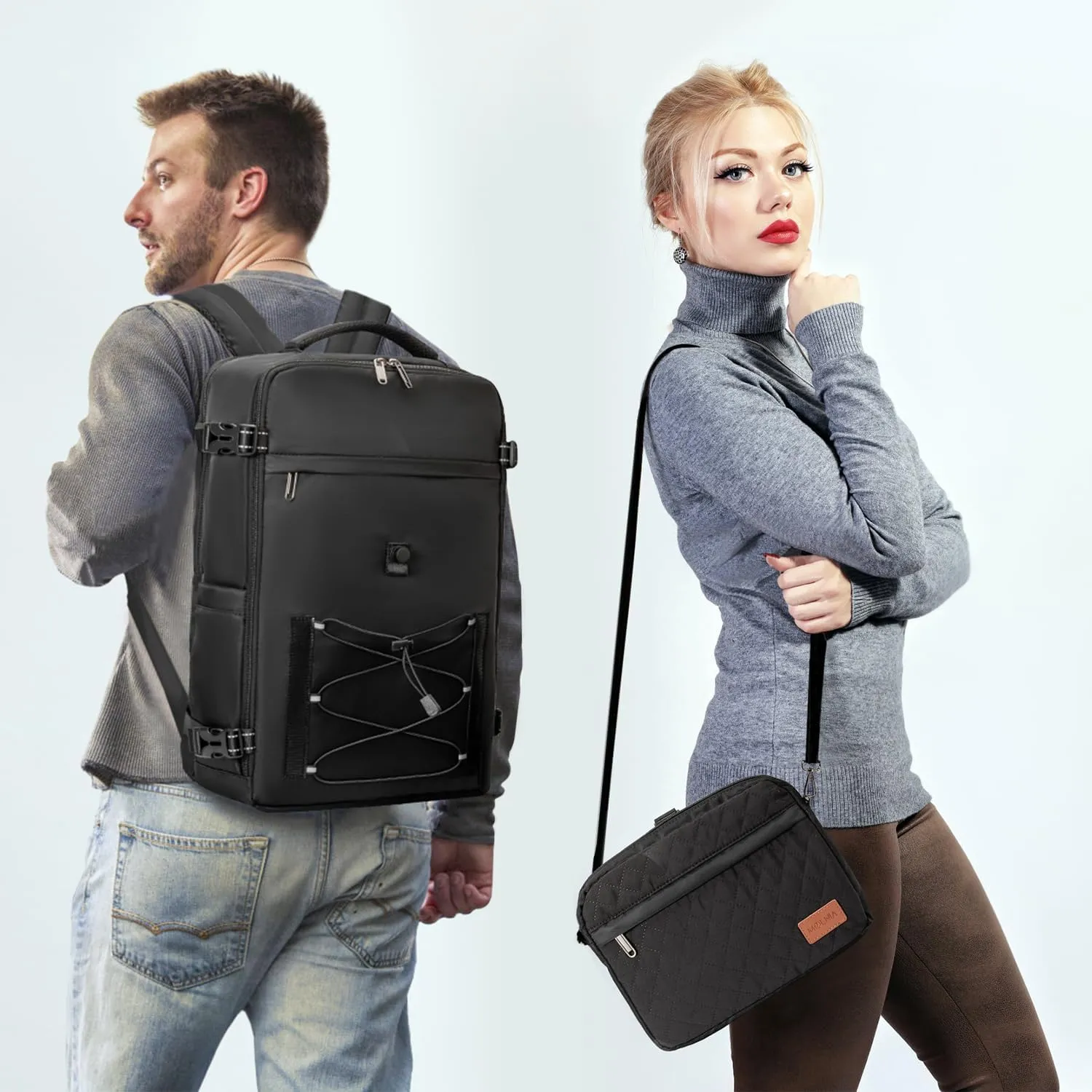 40L Waterproof Travel Backpack for Men & Women, Airline Approved Carry on Laptop Backpack, 17.3 Inch, with Detachable Crossbody Bag, Black